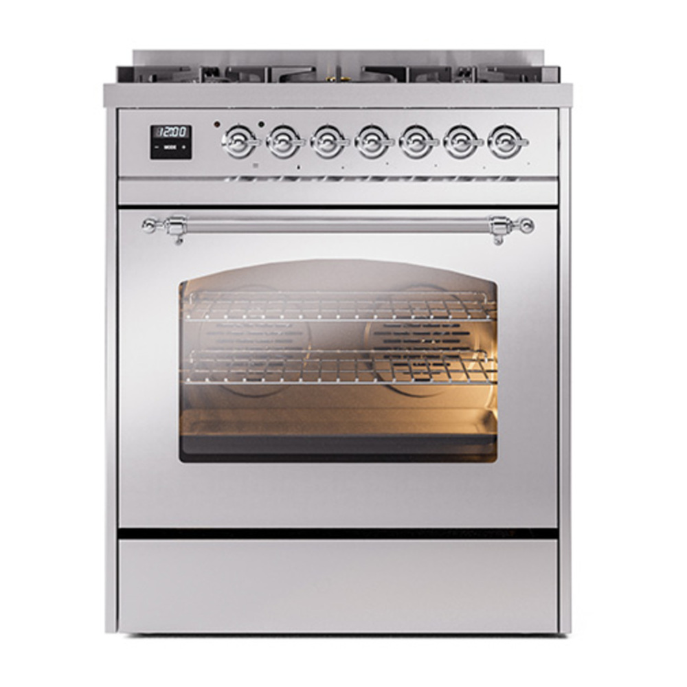ILVE UP30NMPSSCLP Nostalgie II 30 inch Dual Fuel Range with 5 Burners with 4 cu. ft. Oven Capacity (Liquid Propane, Triple Glass Door, Stainless Steel, Chrome) 5 ILVE_UP30NMPSSCLP_Nostalgie_II_30"_Dual_Fuel_Range_front_view
