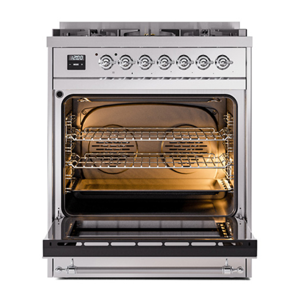 ILVE UP30NMPSSCLP Nostalgie II 30 inch Dual Fuel Range with 5 Burners with 4 cu. ft. Oven Capacity (Liquid Propane, Triple Glass Door, Stainless Steel, Chrome) 6 ILVE_UP30NMPSSCLP_Nostalgie_II_30"_Dual_Fuel_Range_oven_door_opened