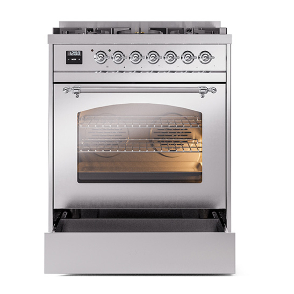 ILVE UP30NMPSSCLP Nostalgie II 30 inch Dual Fuel Range with 5 Burners with 4 cu. ft. Oven Capacity (Liquid Propane, Triple Glass Door, Stainless Steel, Chrome) 7 ILVE_UP30NMPSSCLP_Nostalgie_II_30"_Dual_Fuel_Range_drawer_opened