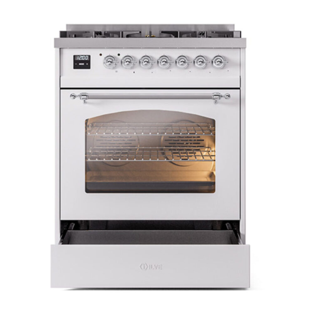 ILVE_UP30NMPWHCLP_Nostalgie_II_30"_Dual_Fuel_Range_drawer_opened