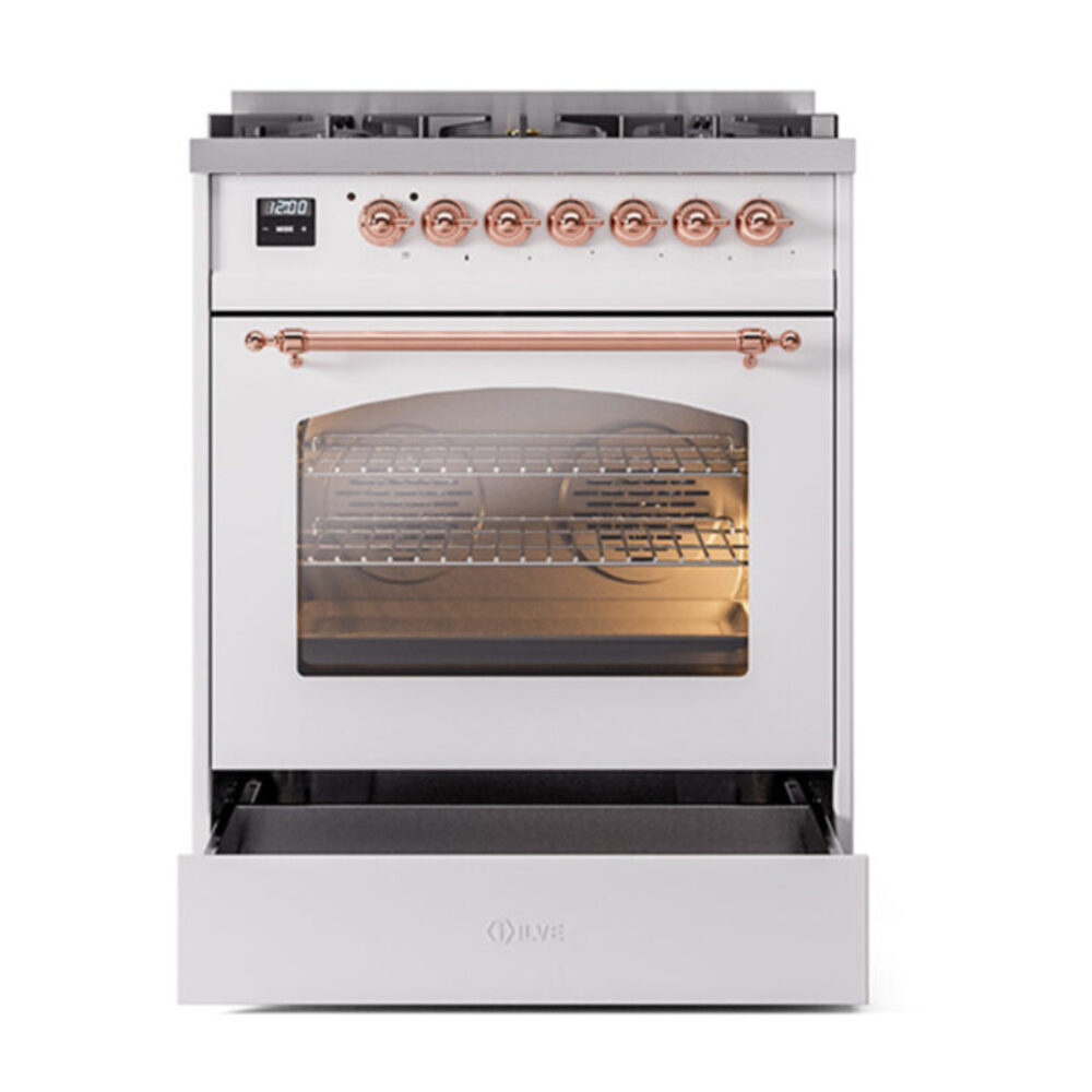 ILVE_UP30NMPWHPLP_Nostalgie_II_30"_Dual_Fuel_Range_drawer_opened