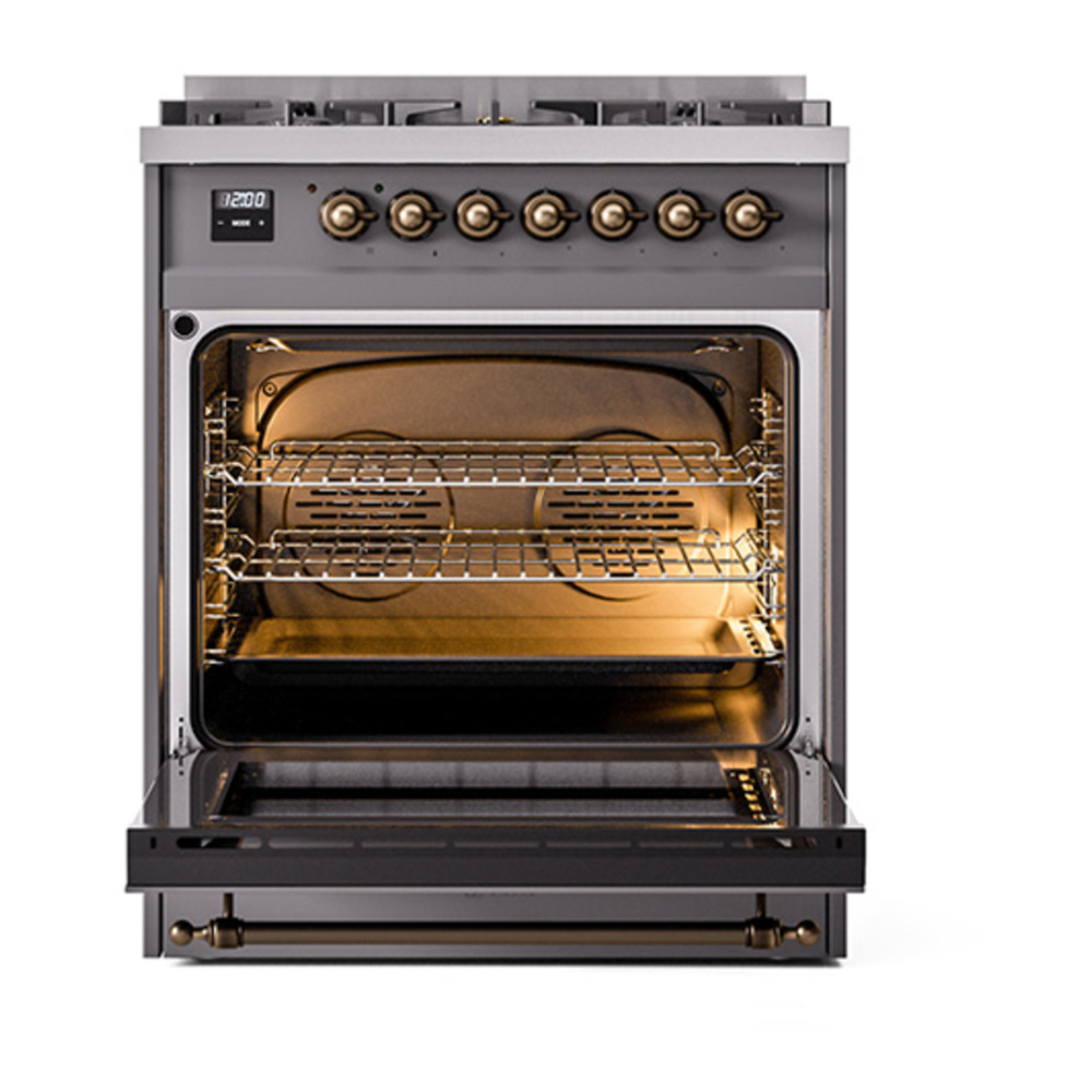 ILVE UP30QNMPMGBLP Nostalgie II 30 inch Dual Fuel Range with 5 Burners with 4 cu. ft. Oven Capacity (Liquid Propane, Solid Door, Graphite Matte, Burnished) 5 ILVE_UP30QNMPMGBLP_Nostalgie_II_30"_Dual_Fuel_Range_oven_door_opened