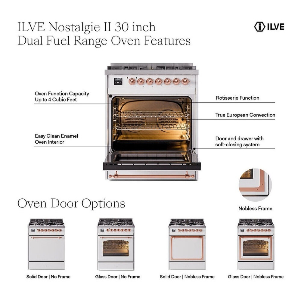 ILVE UP30QNMPMMPLP Nostalgie II 30 inch Dual Fuel Range with 5 Burners with 4 cu. ft. Oven Capacity (Liquid Propane, Solid Door, Mediterranean Mint, Copper) 3 ILVE UP30NMP Nostalgie II 30 inch Dual Fuel Range with 5 Burners with 4 cu. ft. Oven Capacity