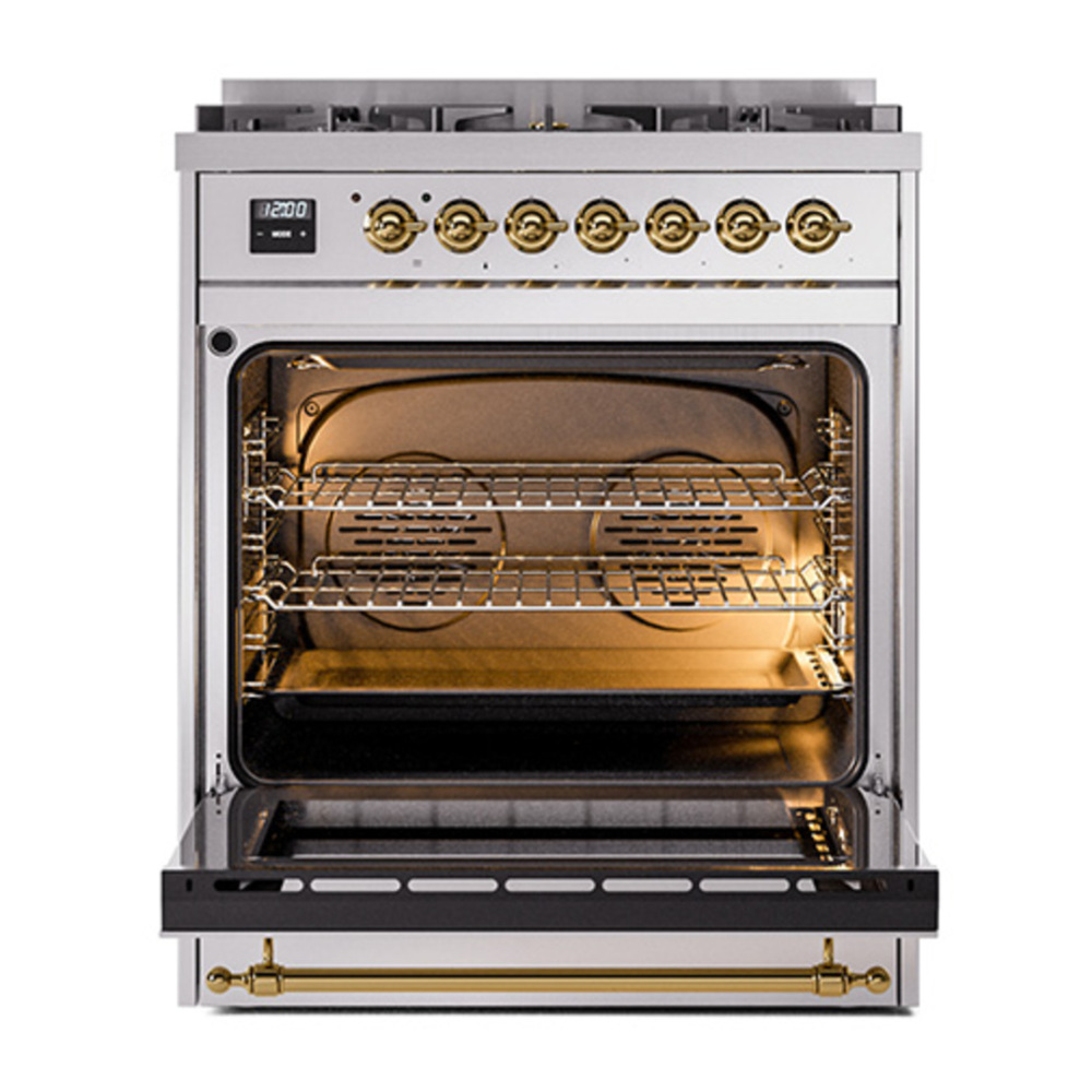 ILVE UP30QNMPSSG Nostalgie II 30 inch Dual Fuel Range with 5 Burners with 4 cu. ft. Oven Capacity (Natural Gas, Solid Door, Stainless Steel, Brass) 5 ILVE_UP30QNMPSSG_Nostalgie_II_30"_Dual_Fuel_Range_oven_door_opened