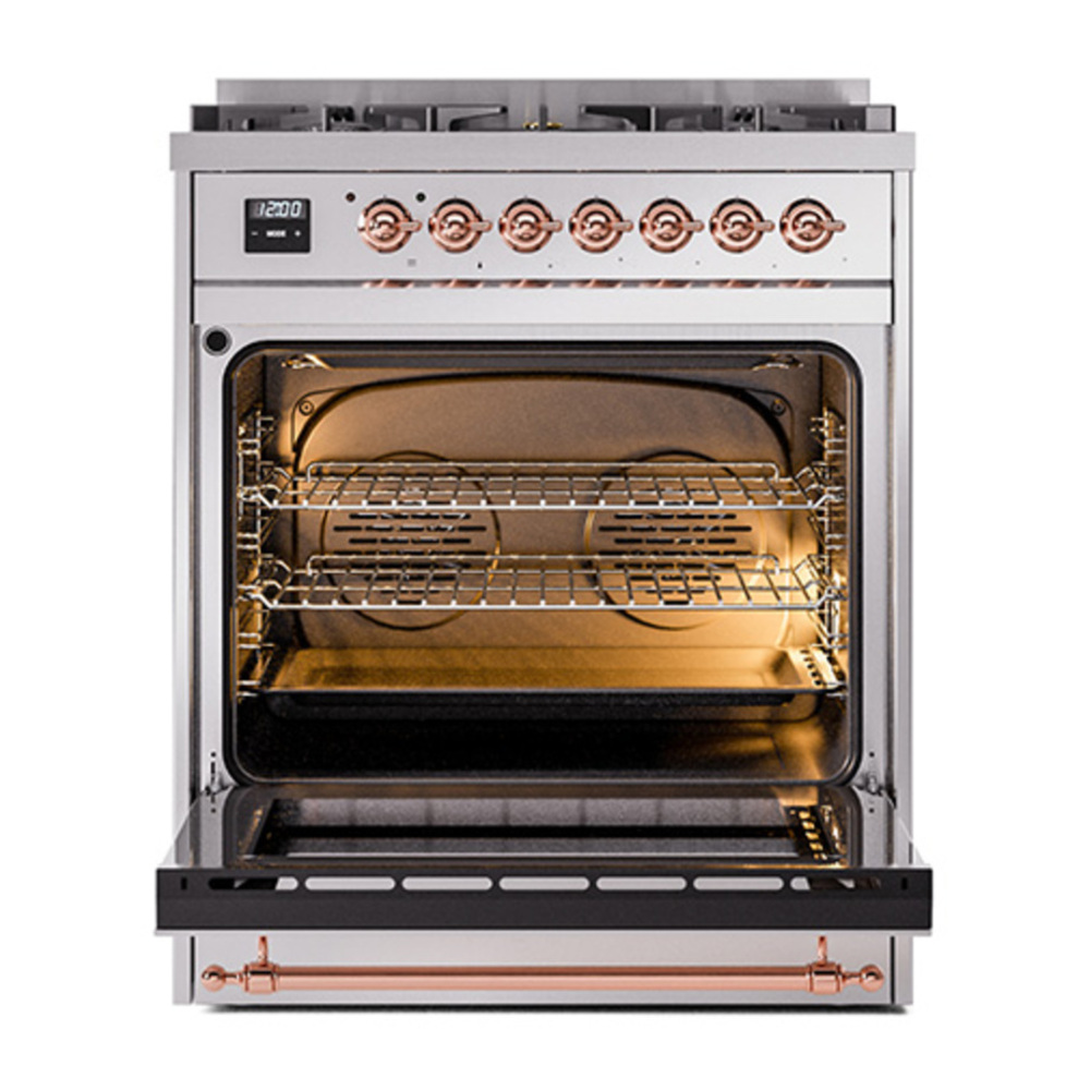 ILVE UP30QNMPSSP Nostalgie II 30 inch Dual Fuel Range with 5 Burners with 4 cu. ft. Oven Capacity (Natural Gas, Solid Door, Stainless Steel, Copper) 5 ILVE_UP30QNMPSSP_Nostalgie_II_30"_Dual_Fuel_Range_oven_door_opened