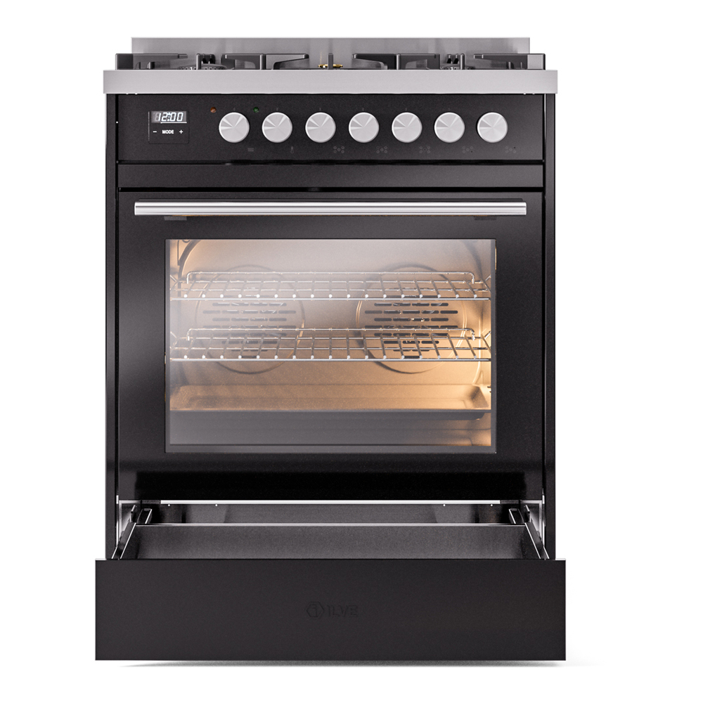ILVE UP30WMPBK Professional Plus II 30" Dual Fuel Range, drawer opened