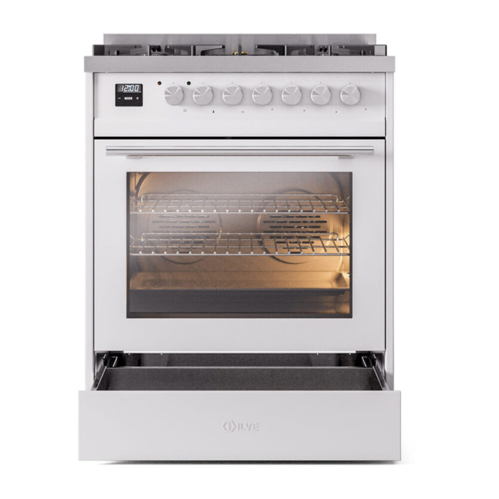 ILVE UP30WMPWH Professional Plus II 30" Dual Fuel Range, drawer opened