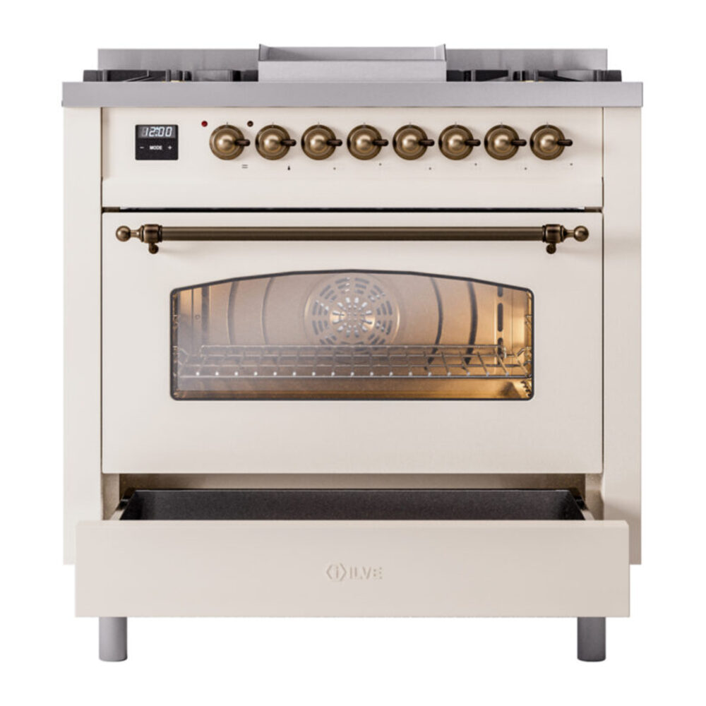 ILVE Nostalgie II 36" UP36FNMPAWBLP Dual Fuel Range drawer opened