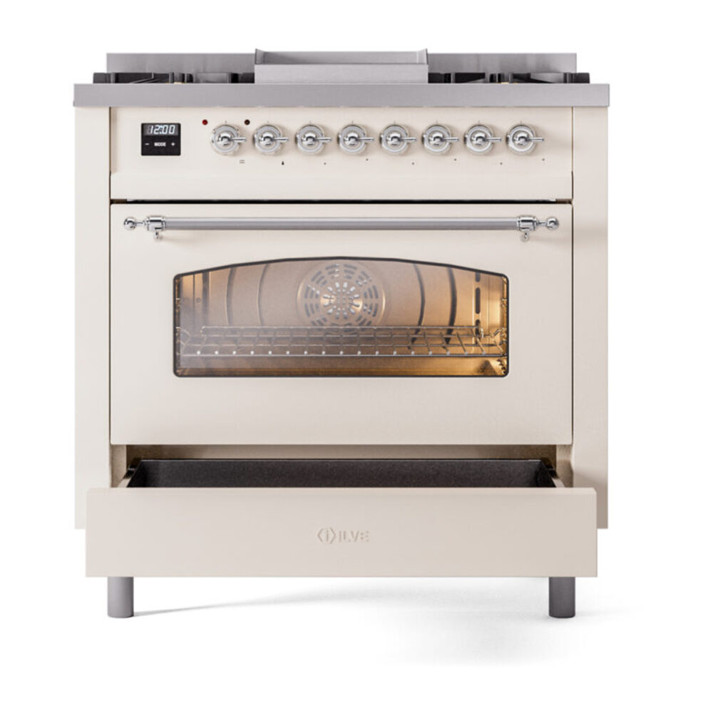 ILVE Nostalgie II 36" UP36FNMPAWC Dual Fuel Range drawer opened