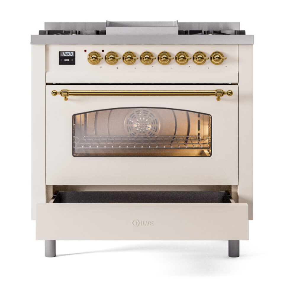 ILVE Nostalgie II 36" UP36FNMPAWG Dual Fuel Range drawer opened