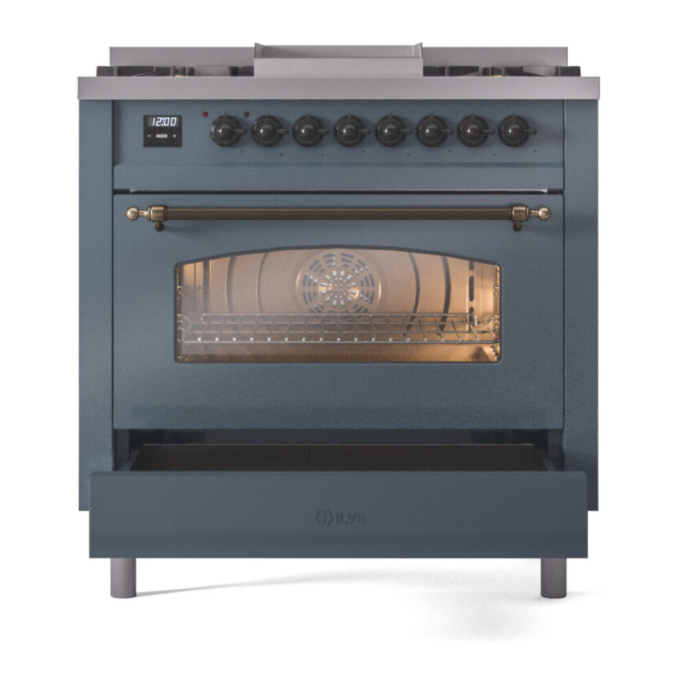 ILVE Nostalgie II 36" UP36FNMPBGBLP Dual Fuel Range drawer opened
