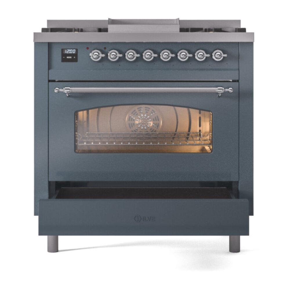 ILVE Nostalgie II 36" UP36FNMPBGCLP Dual Fuel Range drawer opened