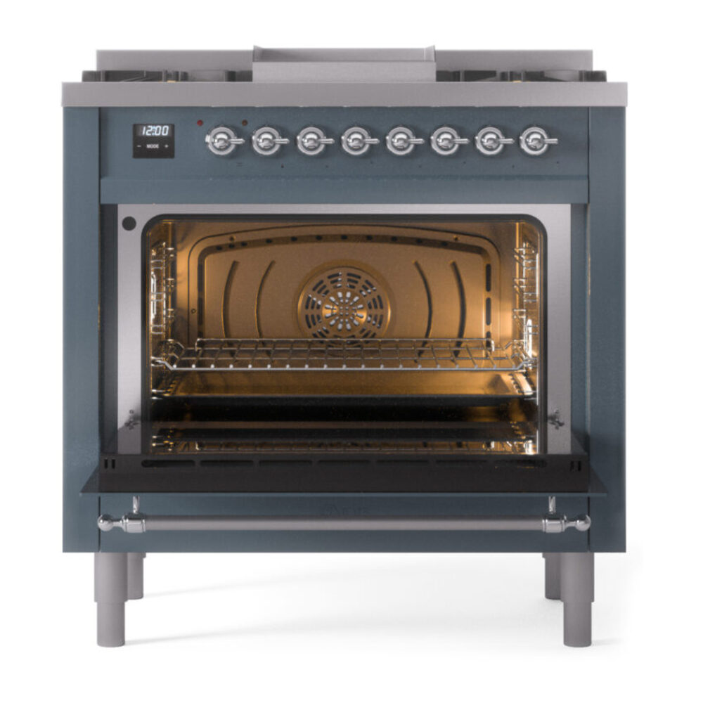 ILVE Nostalgie II 36" UP36FNMPBGC Dual Fuel Range door opened