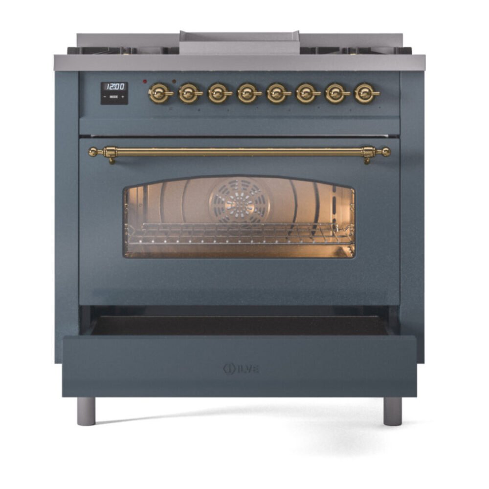 ILVE Nostalgie II 36" UP36FNMPBGGLP Dual Fuel Range drawer opened