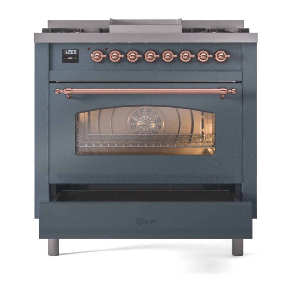 ILVE Nostalgie II 36" UP36FNMPBGPLP Dual Fuel Range drawer opened