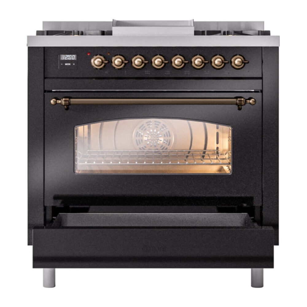 ILVE Nostalgie II 36" UP36FNMPBKBLP Dual Fuel Range drawer opened