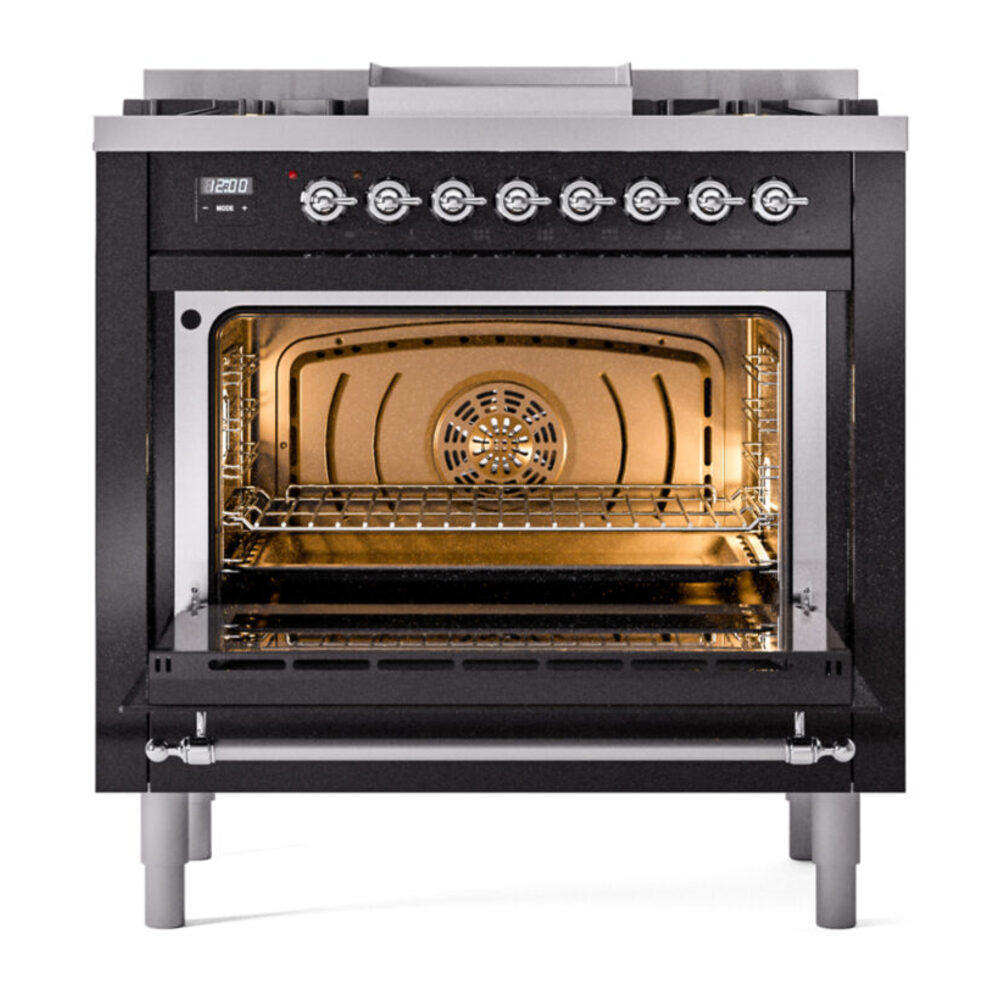 ILVE Nostalgie II 36" UP36FNMPBKC Dual Fuel Range door opened