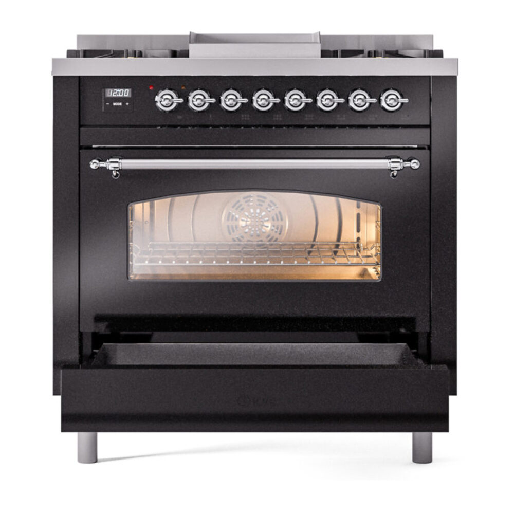 ILVE Nostalgie II 36" UP36FNMPBKC Dual Fuel Range drawer opened