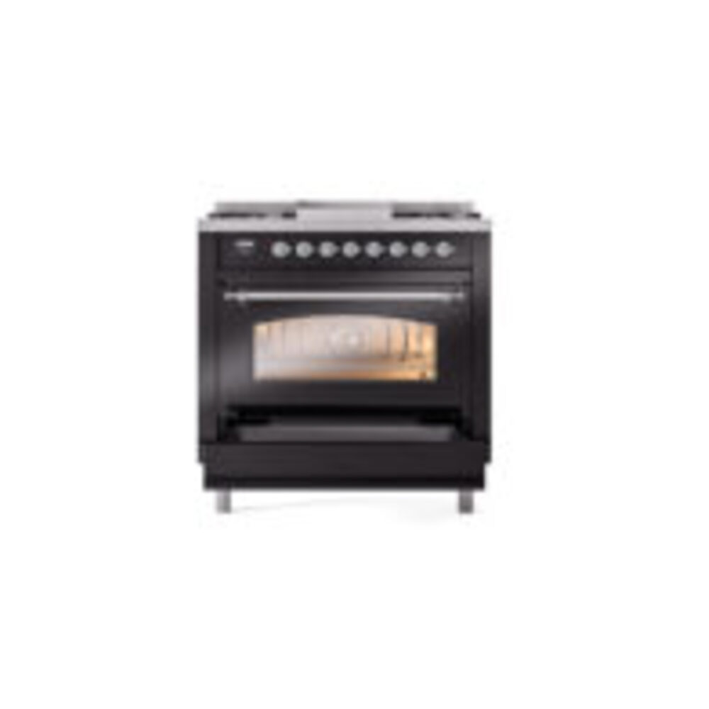 ILVE Nostalgie II 36" UP36FNMPBKC Dual Fuel Range drawer opened