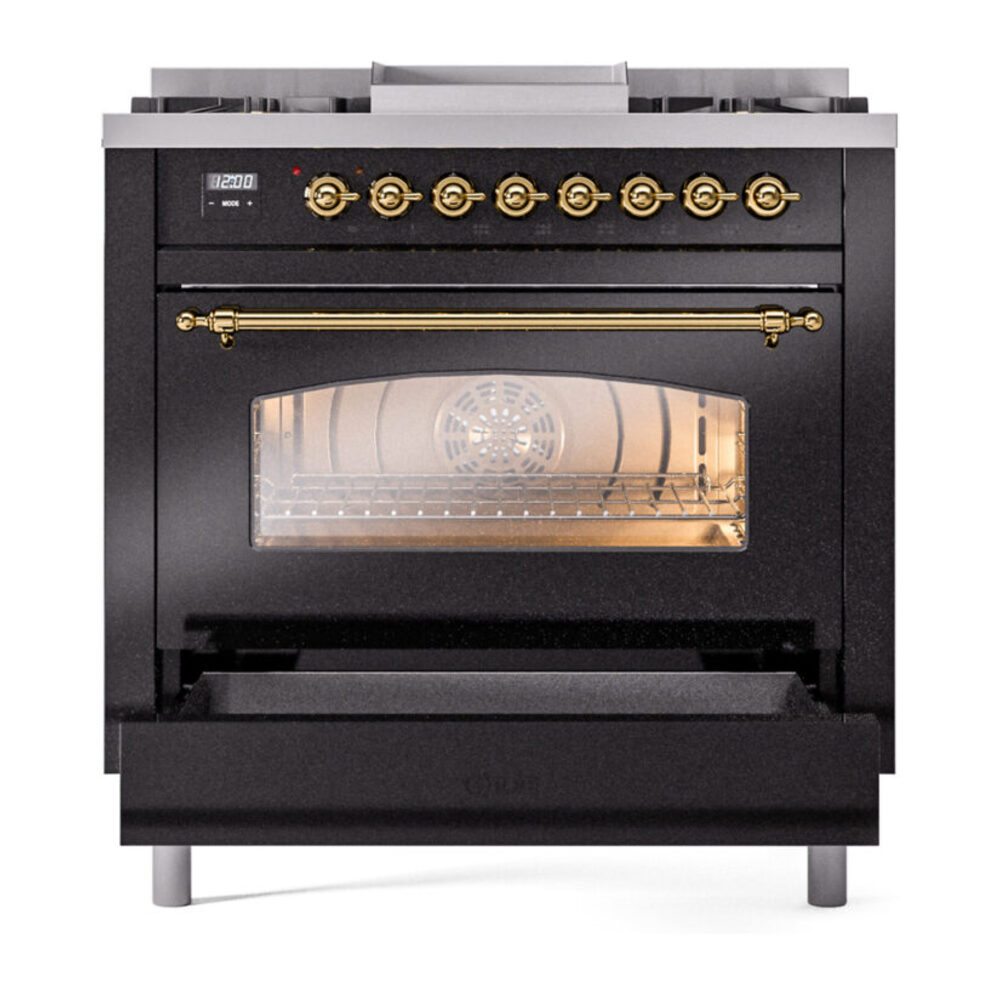 ILVE Nostalgie II 36" UP36FNMPBKGLP Dual Fuel Range drawer opened