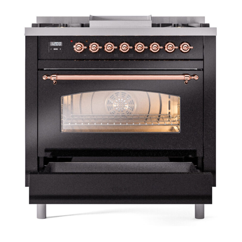 ILVE Nostalgie II 36" UP36FNMPBKPLP Dual Fuel Range drawer opened