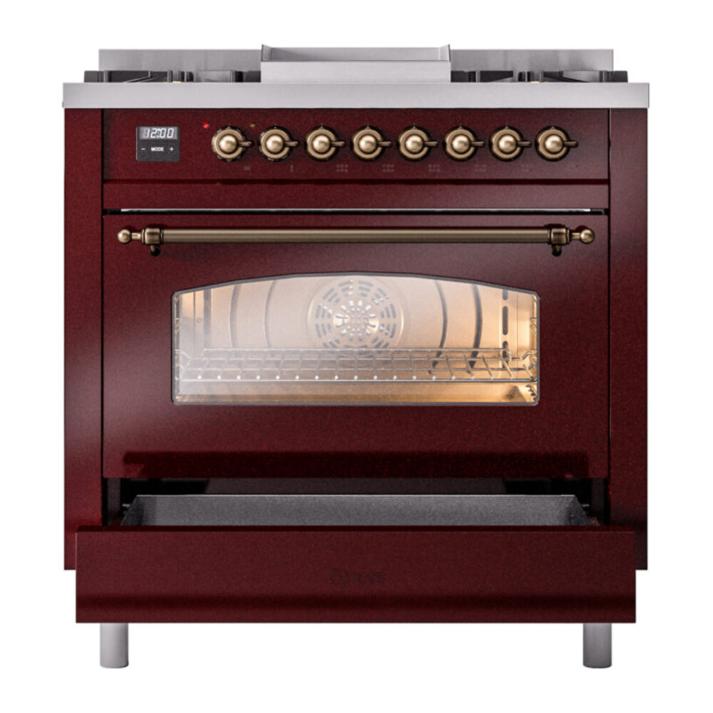 ILVE Nostalgie II 36" UP36FNMPBUB Dual Fuel Range drawer opened