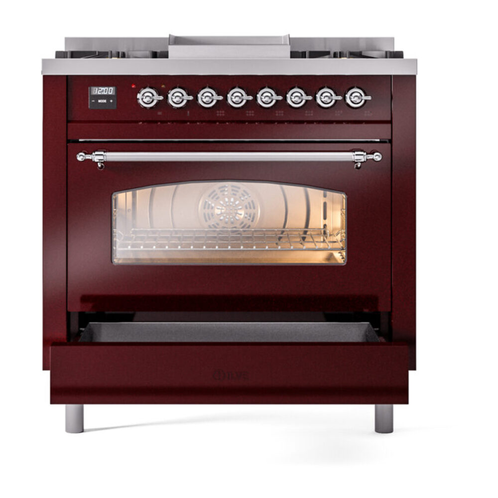 ILVE Nostalgie II 36" UP36FNMPBUCLP Dual Fuel Range drawer opened