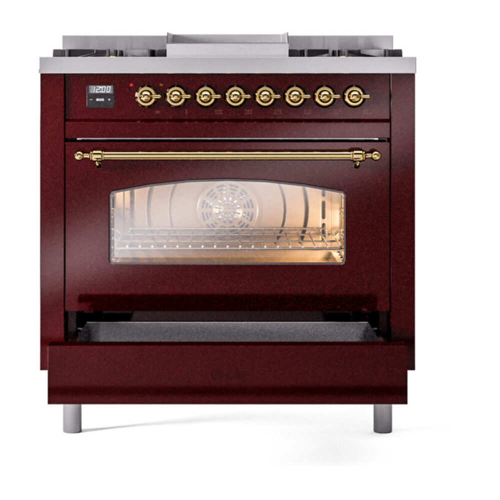 ILVE Nostalgie II 36" UP36FNMPBUGLP Dual Fuel Range drawer opened