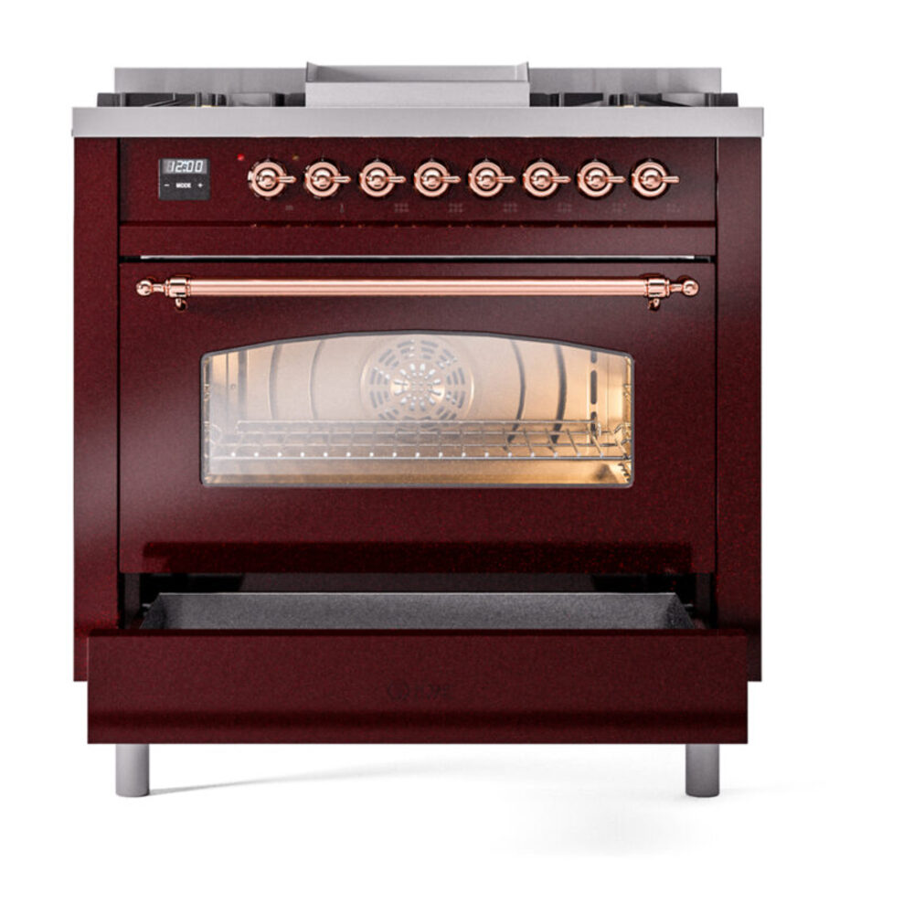 ILVE Nostalgie II 36" UP36FNMPBUPLP Dual Fuel Range drawer opened