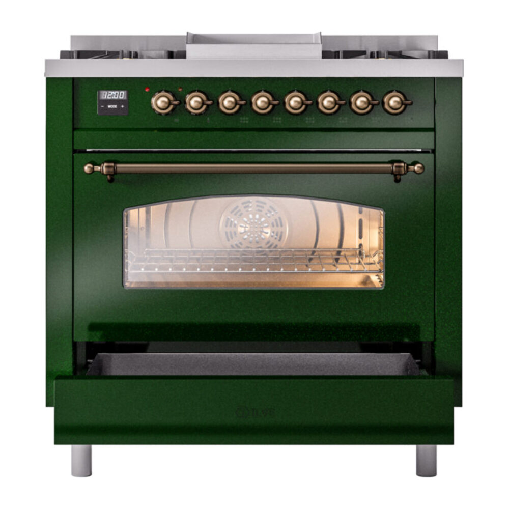 ILVE Nostalgie II 36" UP36FNMPEGB Dual Fuel Range drawer opened