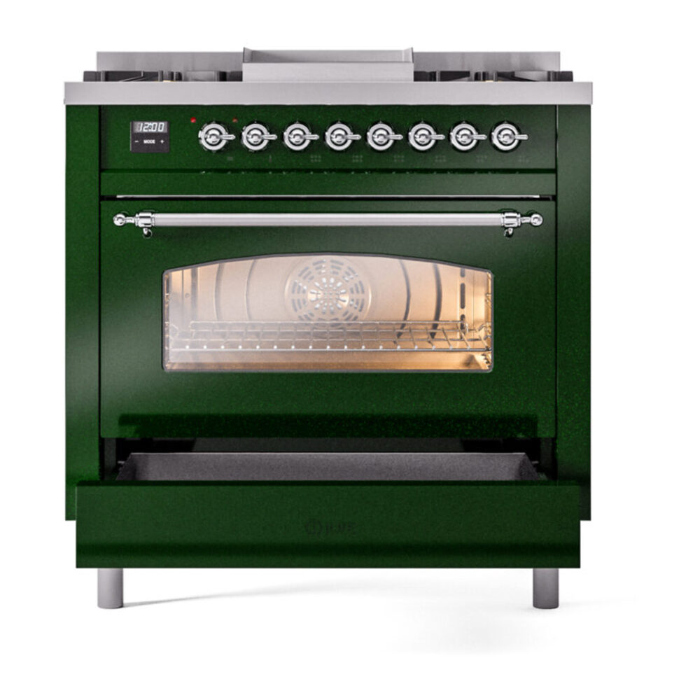 ILVE Nostalgie II 36" UP36FNMPEGCLP Dual Fuel Range drawer opened