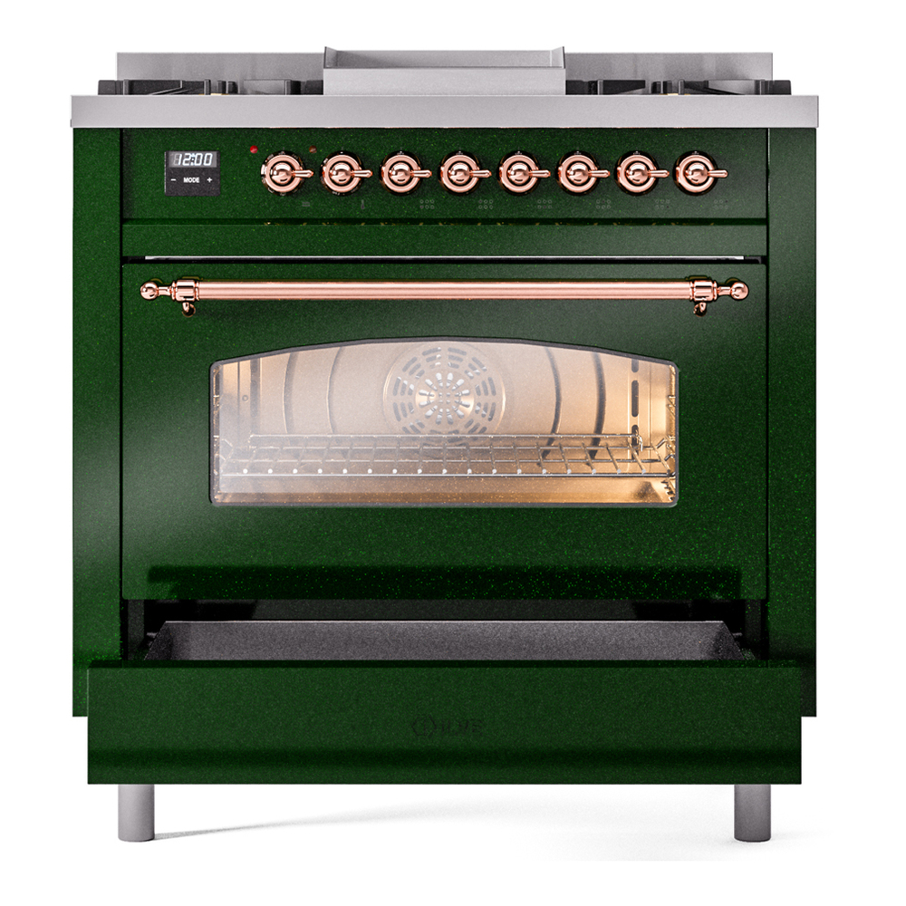 ILVE Nostalgie II 36" UP36FNMPEGPLP Dual Fuel Range drawer opened