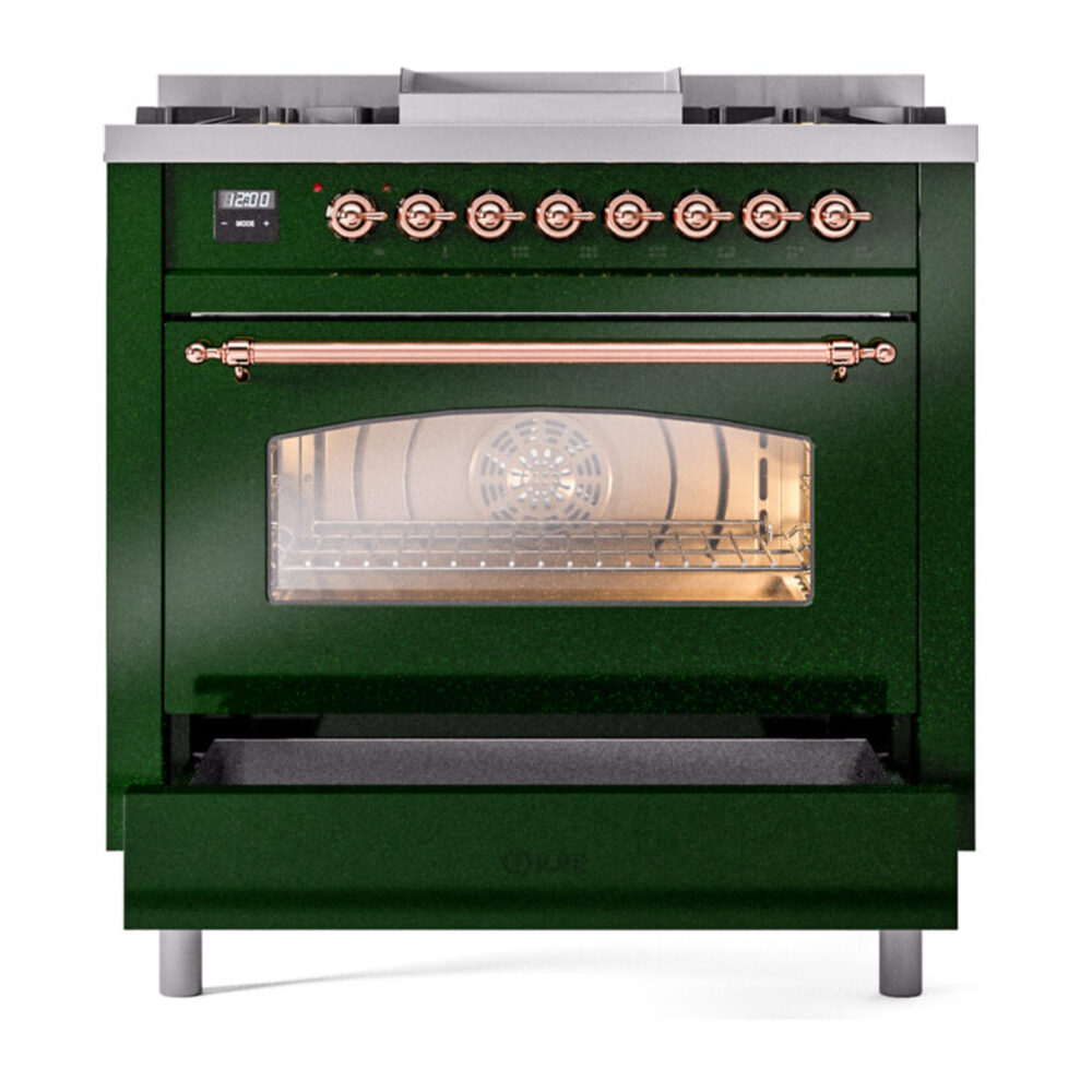 ILVE Nostalgie II 36" UP36FNMPEGP Dual Fuel Range drawer opened