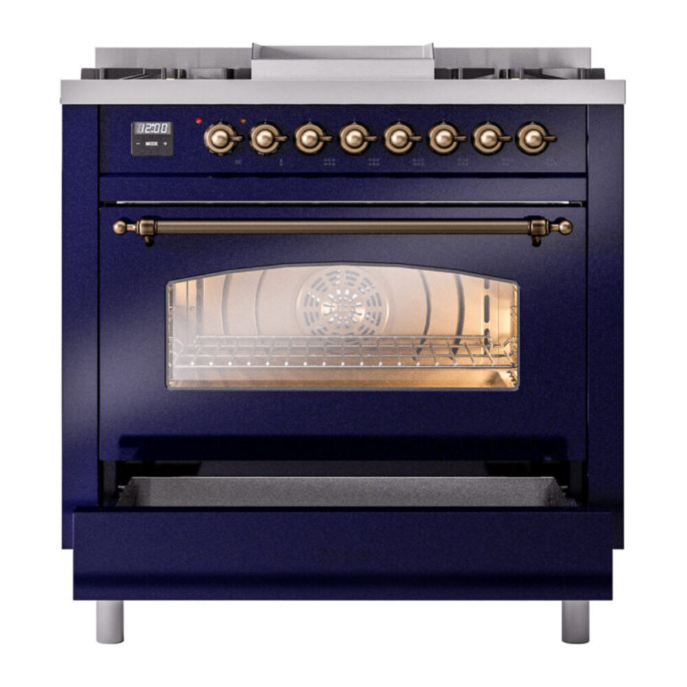 ILVE Nostalgie II 36" UP36FNMPMBB Dual Fuel Range drawer opened