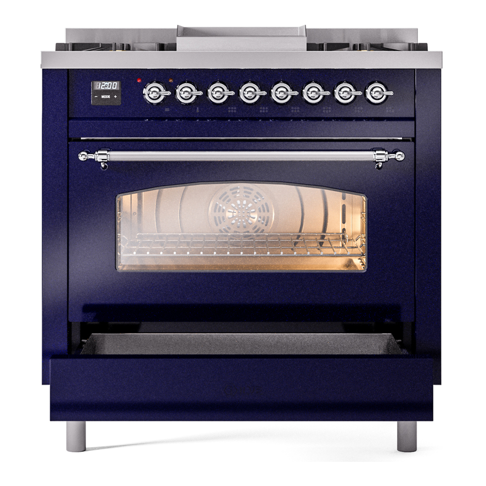 ILVE Nostalgie II 36" UP36FNMPMBCLP Dual Fuel Range drawer opened