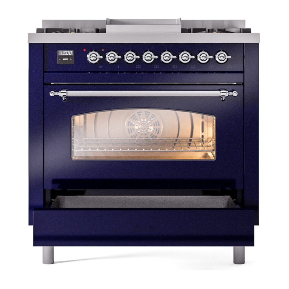 ILVE Nostalgie II 36" UP36FNMPMBC Dual Fuel Range drawer opened