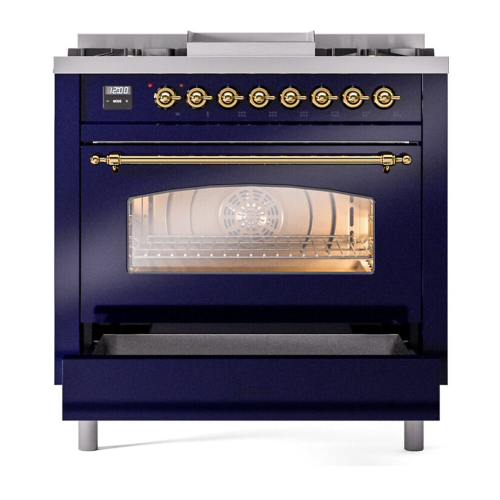 ILVE Nostalgie II 36" UP36FNMPMBG Dual Fuel Range drawer opened