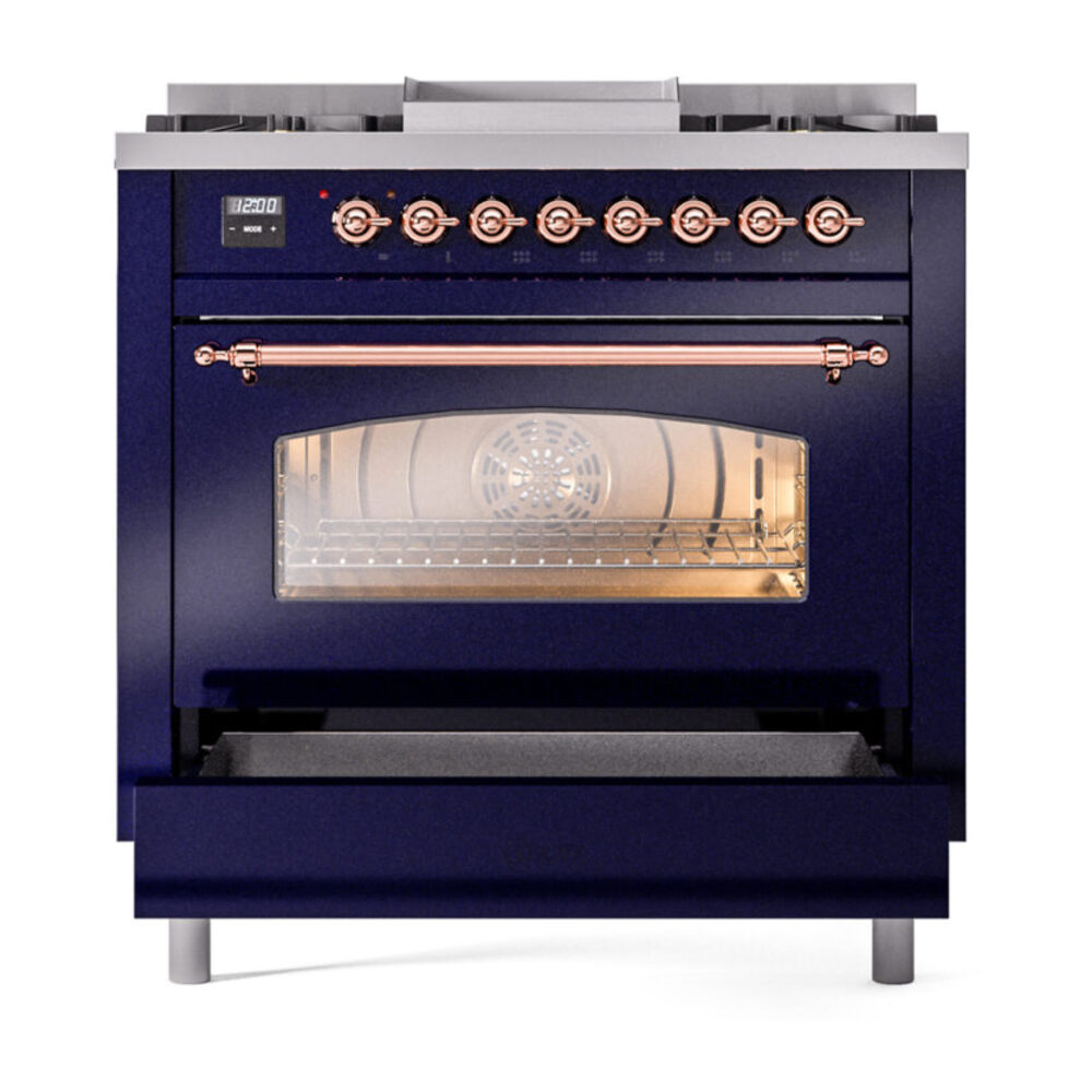 ILVE Nostalgie II 36" UP36FNMPMBP Dual Fuel Range drawer opened