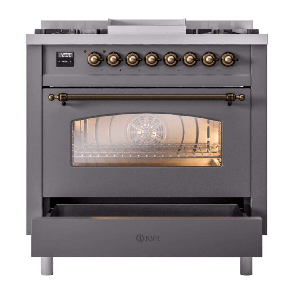 ILVE Nostalgie II 36" UP36FNMPMGB Dual Fuel Range drawer opened