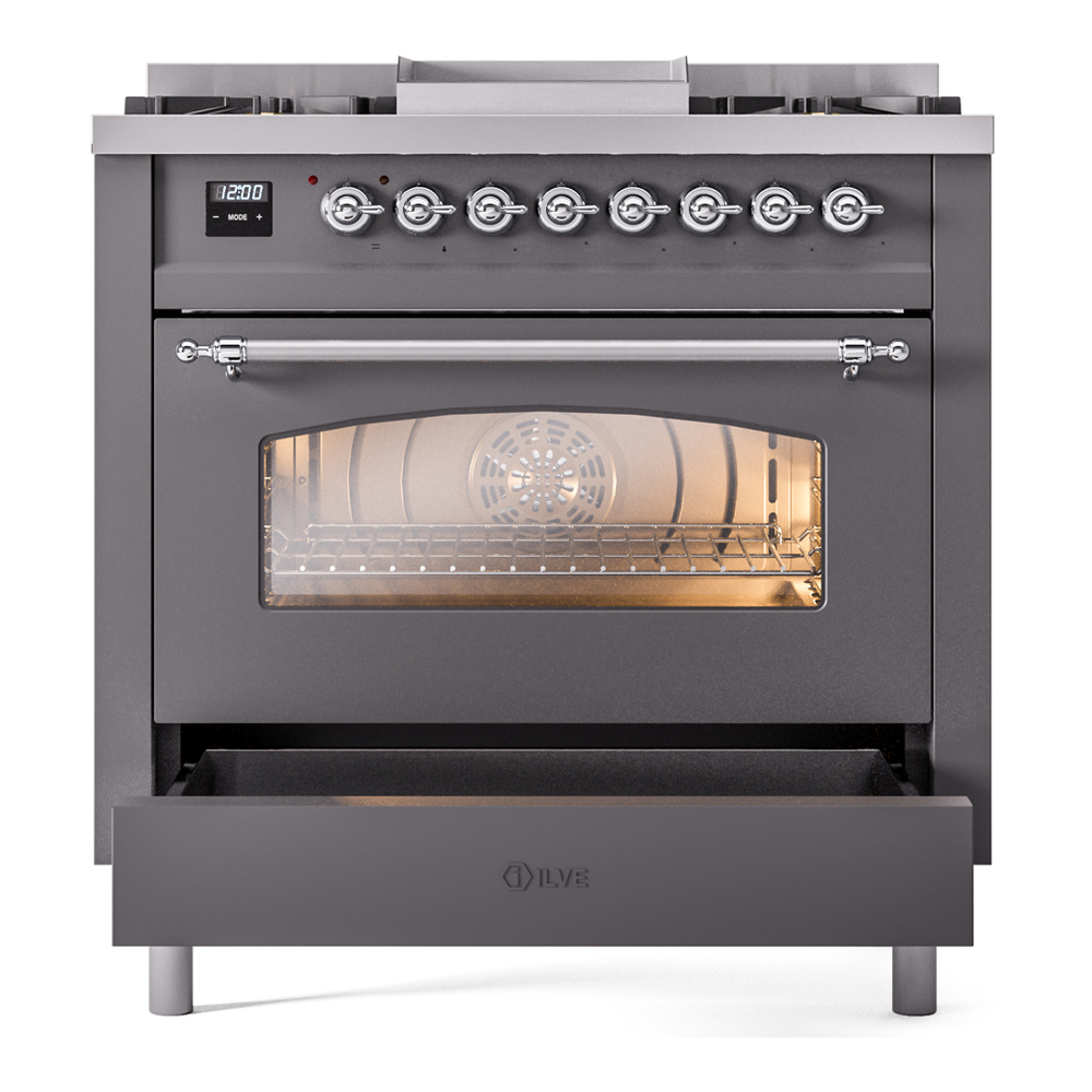 ILVE Nostalgie II 36" UP36FNMPMGCLP Dual Fuel Range drawer opened