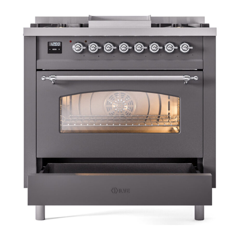 ILVE Nostalgie II 36" UP36FNMPMGC Dual Fuel Range drawer opened