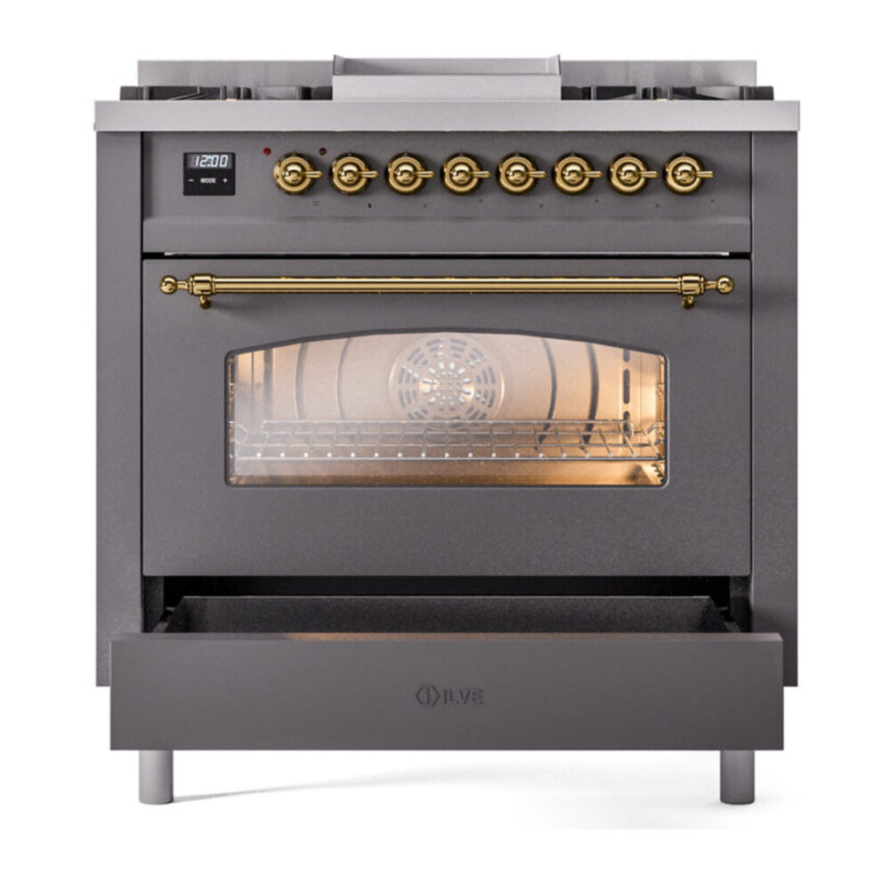 ILVE Nostalgie II 36" UP36FNMPMGGLP Dual Fuel Range drawer opened