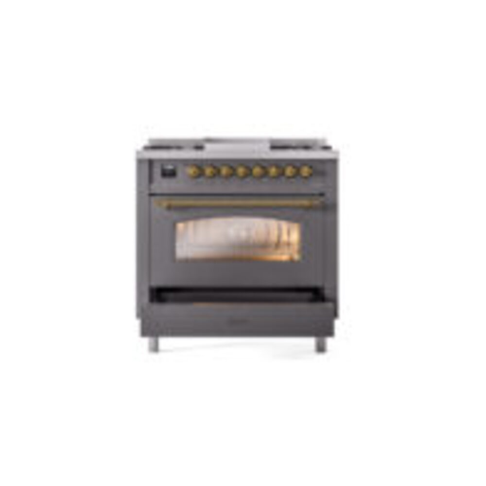ILVE Nostalgie II 36" UP36FNMPMGG Dual Fuel Range drawer opened