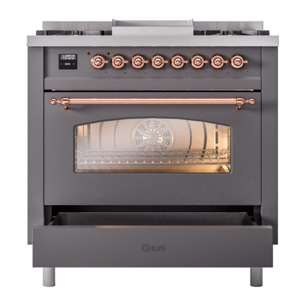 ILVE Nostalgie II 36" UP36FNMPMGPLP Dual Fuel Range drawer opened