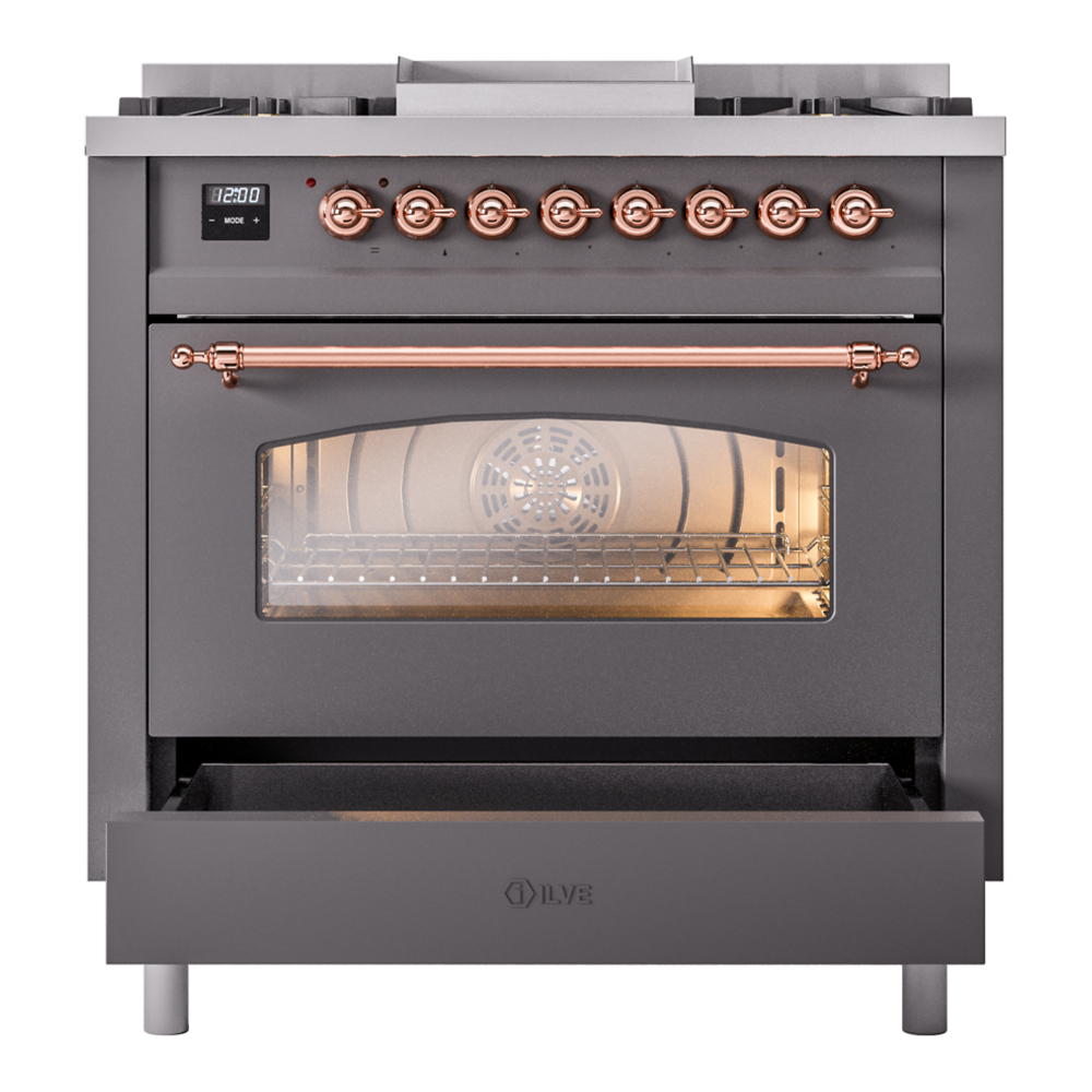 ILVE Nostalgie II 36" UP36FNMPMGP Dual Fuel Range drawer opened