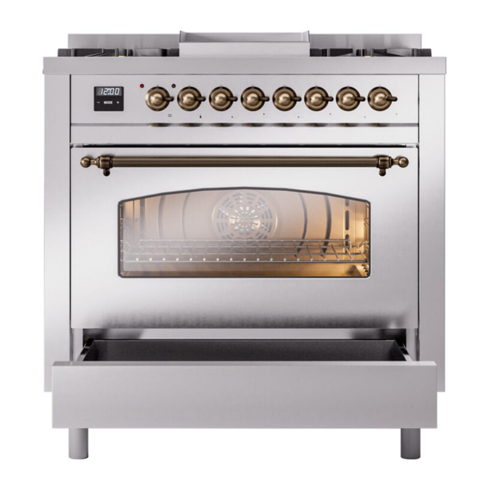 ILVE Nostalgie II 36" UP36FNMPSSBLP Dual Fuel Range drawer opened