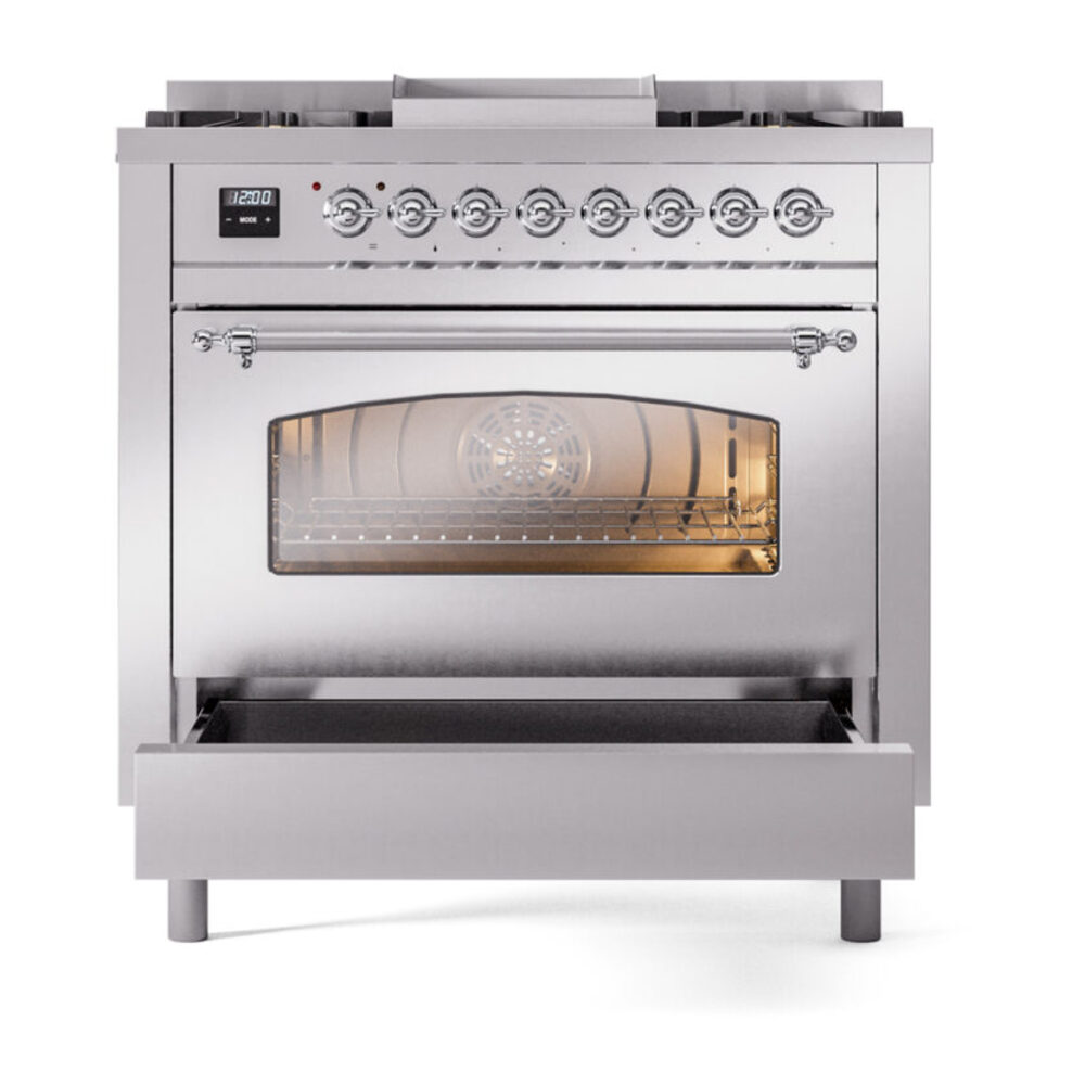 ILVE Nostalgie II 36" UP36FNMPSSC Dual Fuel Range drawer opened