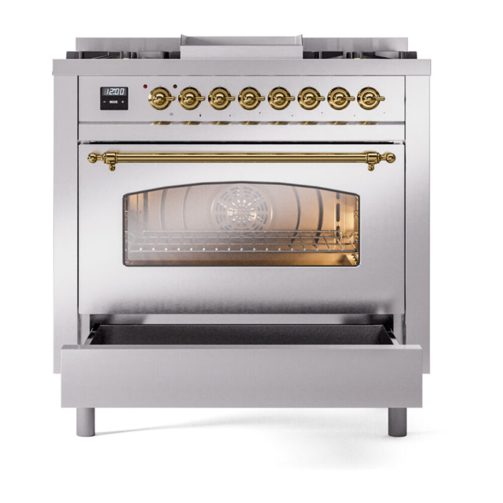 ILVE Nostalgie II 36" UP36FNMPSSGLP Dual Fuel Range drawer opened