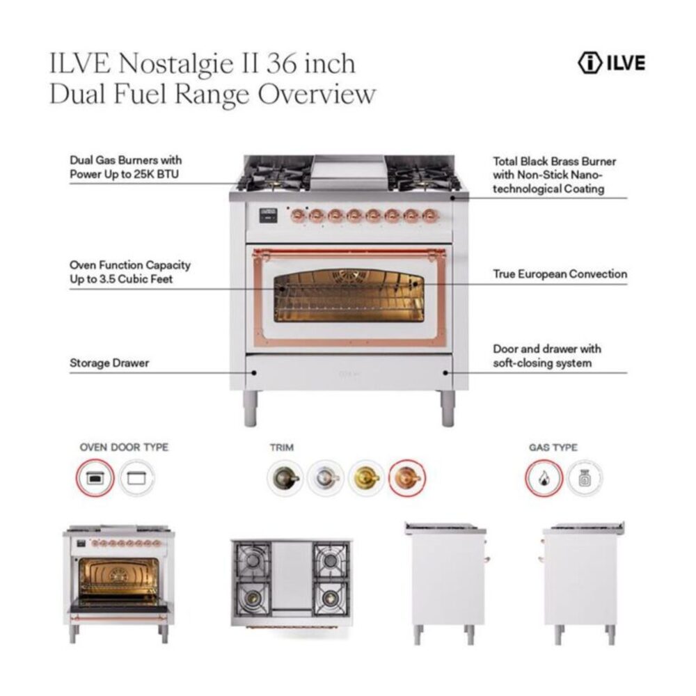 ILVE UP36FNM Nostalgie II 36 inch Dual Fuel Range with 6 Burners and Griddle