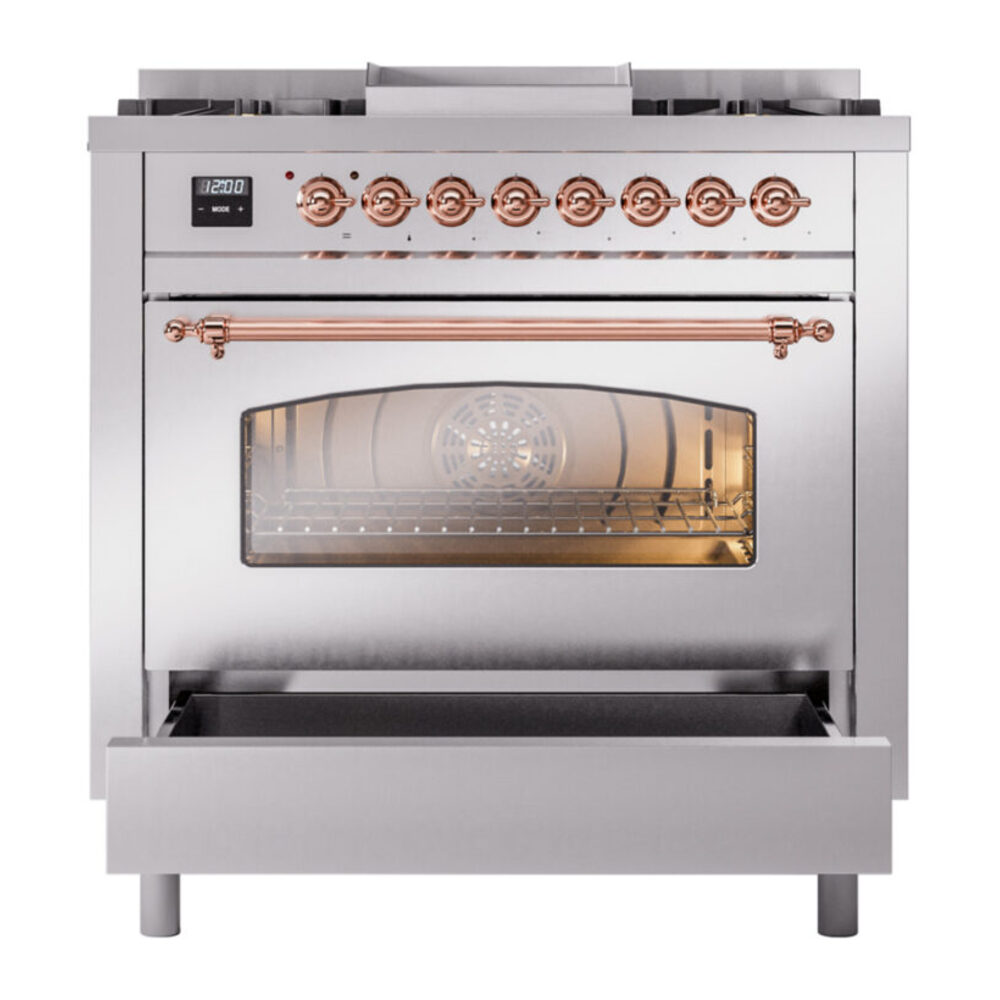 ILVE UP36FNMPSSPLP Nostalgie II 36" Dual Fuel Range, drawer opened